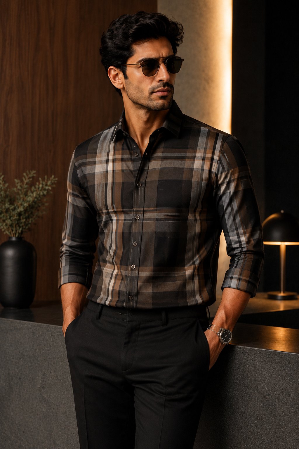 Model wearing a Yarn to Yards charcoal and tan check shirt, indoors