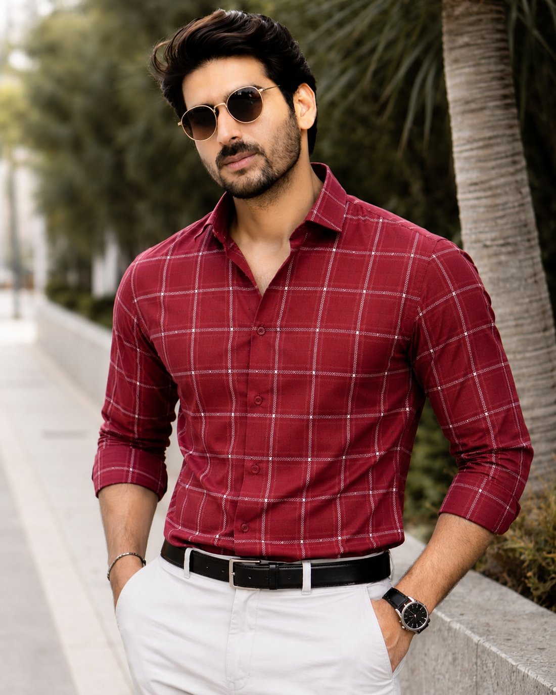 Model wearing a Yarn to Yards deep red windowpane check shirt, on a tree-lined street